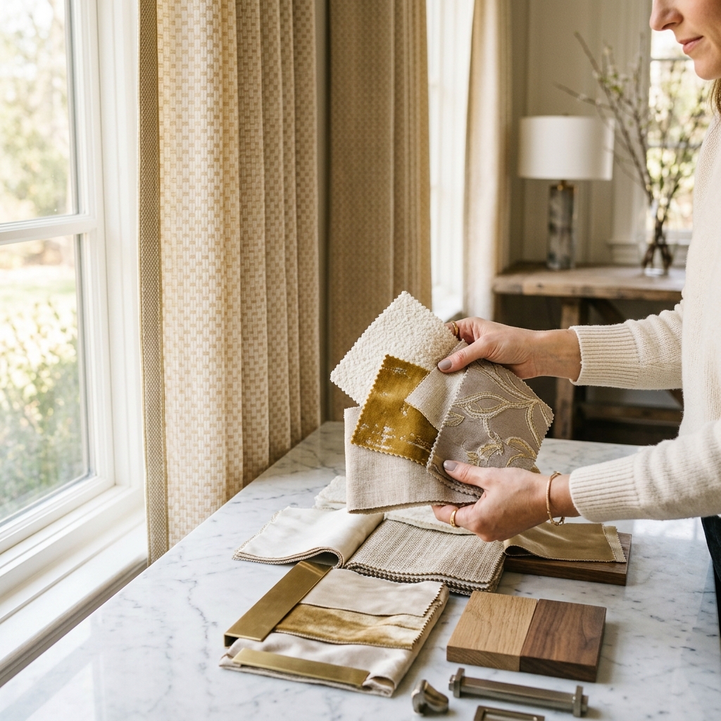 Interior designer selecting fabric swatches for custom window treatments